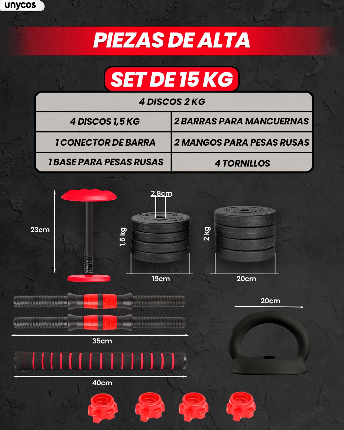 unycos - Juego de Mancuernas Ajustables 10-40 kg con Barra de Conexión y Ajuste Manual, Discos de Cemento Recubiertos, Pesas para Gimnasio en Casa (Red/Orange Transformer)