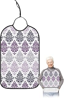 Purple Paisley Floral Adult Bib for Eating with Crumb Catcher,Washable & Waterproof Terry Cloth Adjustable Elderly Women Men Adult Bibs Funny Clothing Protector Modern Geometric Moroccan Ombre Purple
