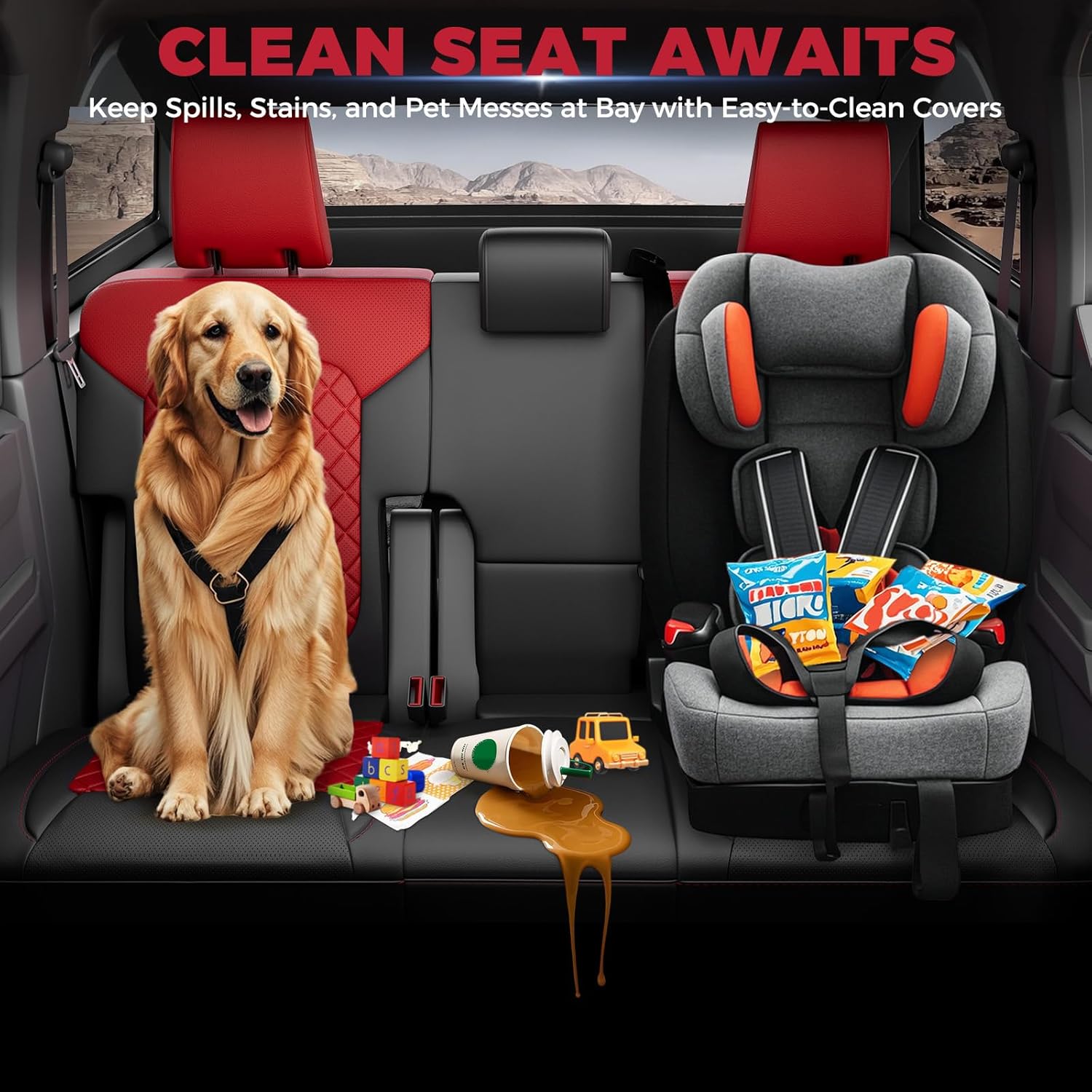 FREESOO Custom Fit Seat Covers for Ford Bronco 4Door 2021-2026, Faux Leather, Durable, Breathable, 4‑Layer Waterproof, F/R Headrest, Airbag Deployment Compatible - Black Red, Full Set W/O Rear Armrest