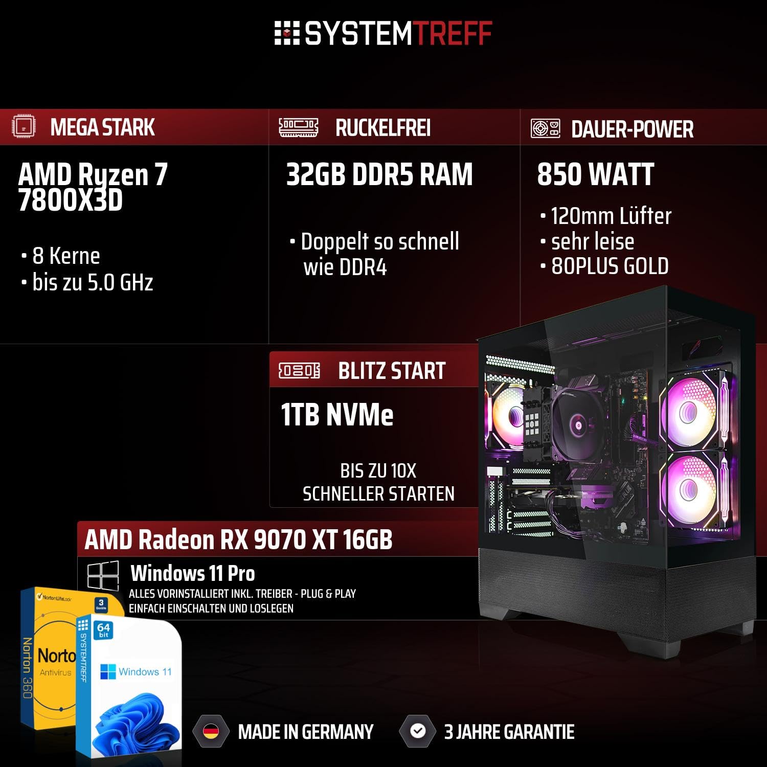 SYSTEMTREFF High-End Gaming PC - AMD Ryzen 7 7800X3D - RX 9070 XT 16GB | AMD 8-Kern CPU bis 5 GHz, 32GB DDR5, 1TB M.2 NVMe SSD, AMD Grafik WLAN, Windows 11, für Gaming, Streaming