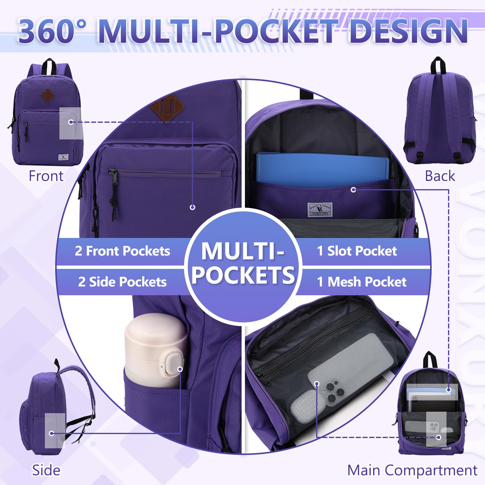 VX VONXURY Zaino per uomo e donna, zaino leggero per bambini, borsa classica per computer portatile, per università, lavoro, viaggi, escursionismo, Viola, 11.9 x 5.0 x 16.7 inches, Casual