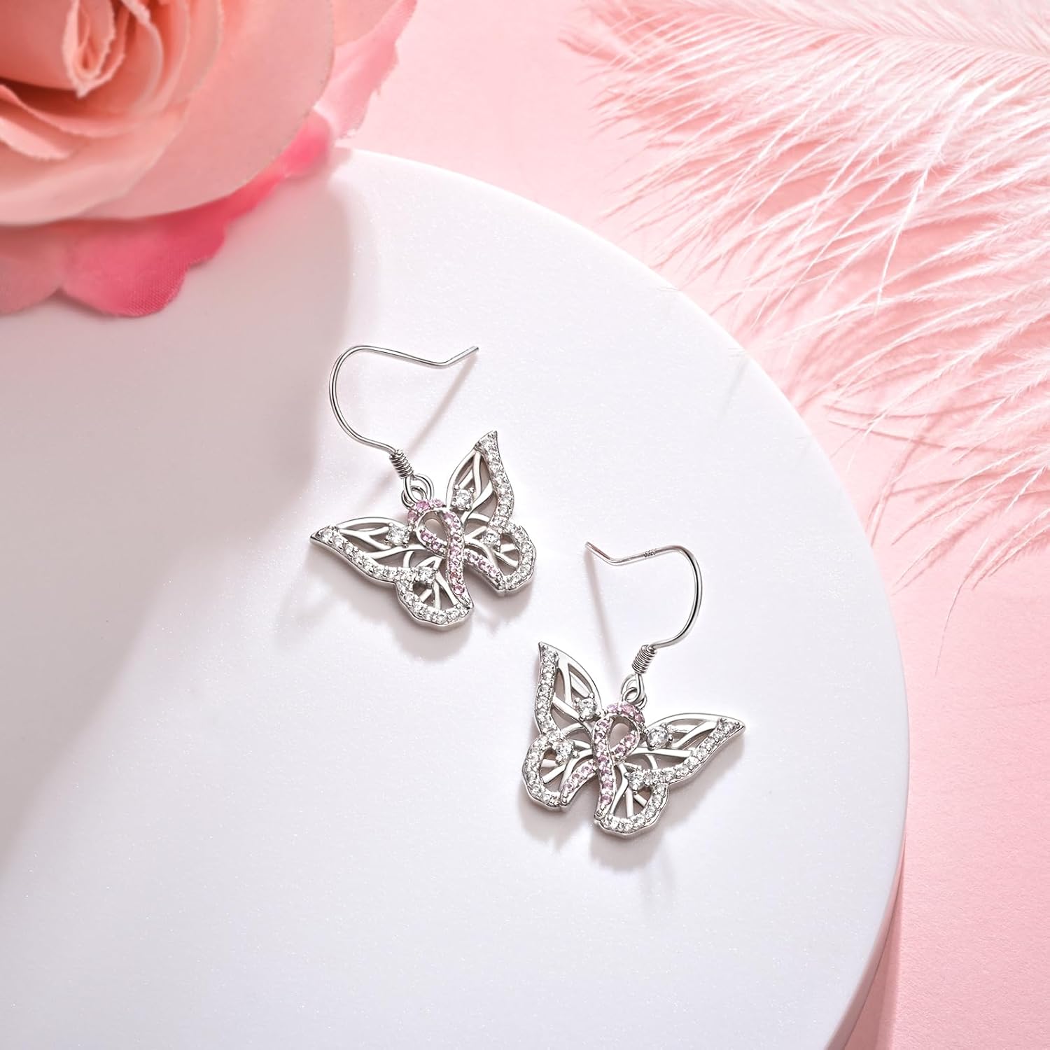 Breast Cancer Awareness Earrings 925 Sterling Sliver Dragonfly Butterfly Breast Cancer Survivor Encouragement Jewelry Gifts for Women