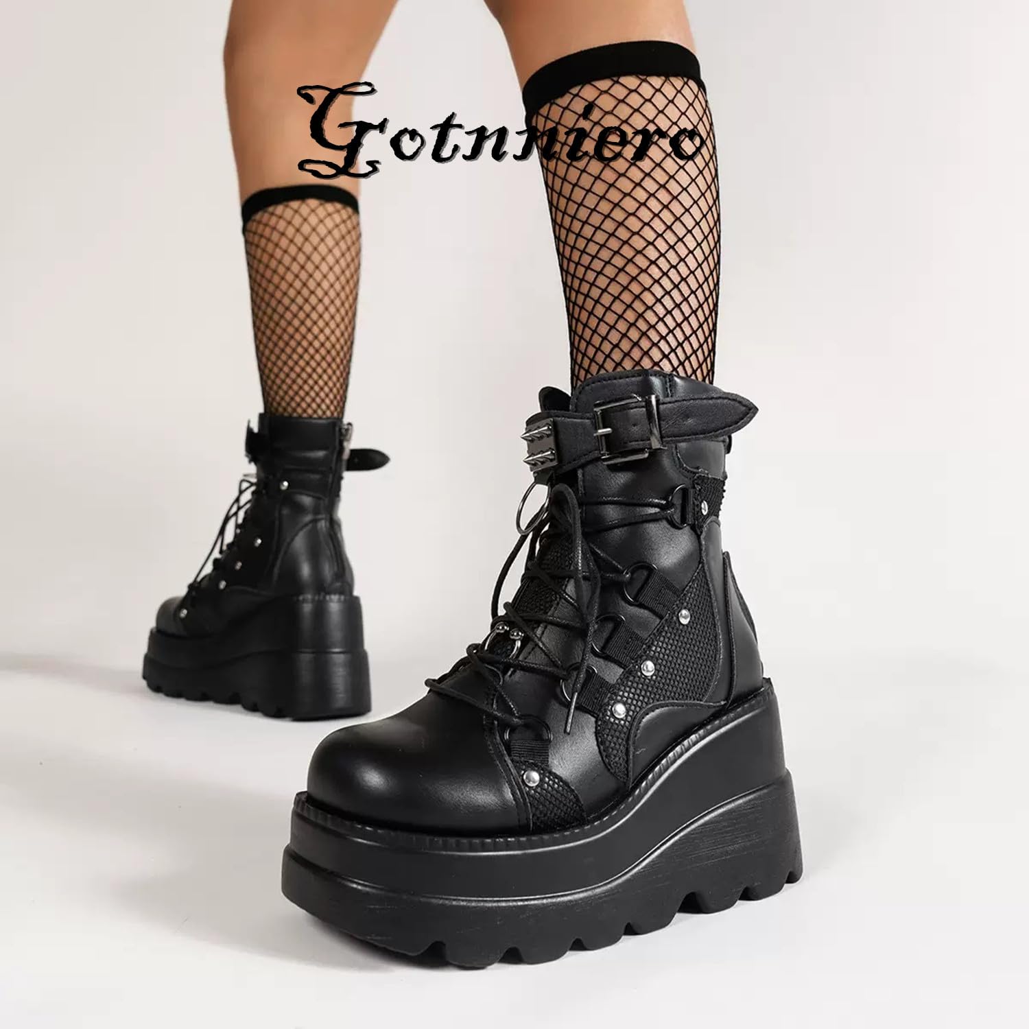 Gothniero Donne Combattimento Stivali Moto Nero Piattaforma Chunky Caviglia Moto Festival Rave Goth Stivali per le Donne Punk emo Scarpe con Catene Metalliche Lato Cerniera Punta Rotonda 36-43