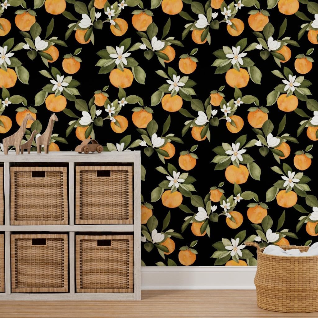Peel & Stick Wallpaper 3ft x 2ft - Orange Blossom Dark Oranges Blossoms Fruit Leaves Watercolor Citrus Clementine Custom Removable Wallpaper by Spoonflower