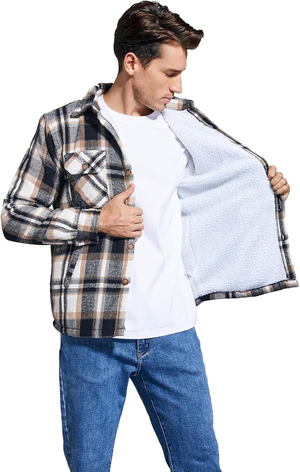 Men's Cotton Sherpa Lined Button Down Flannel Shirt Jacket Plaid Soft Outdoor Flannel Jacket Shirt - Image 2