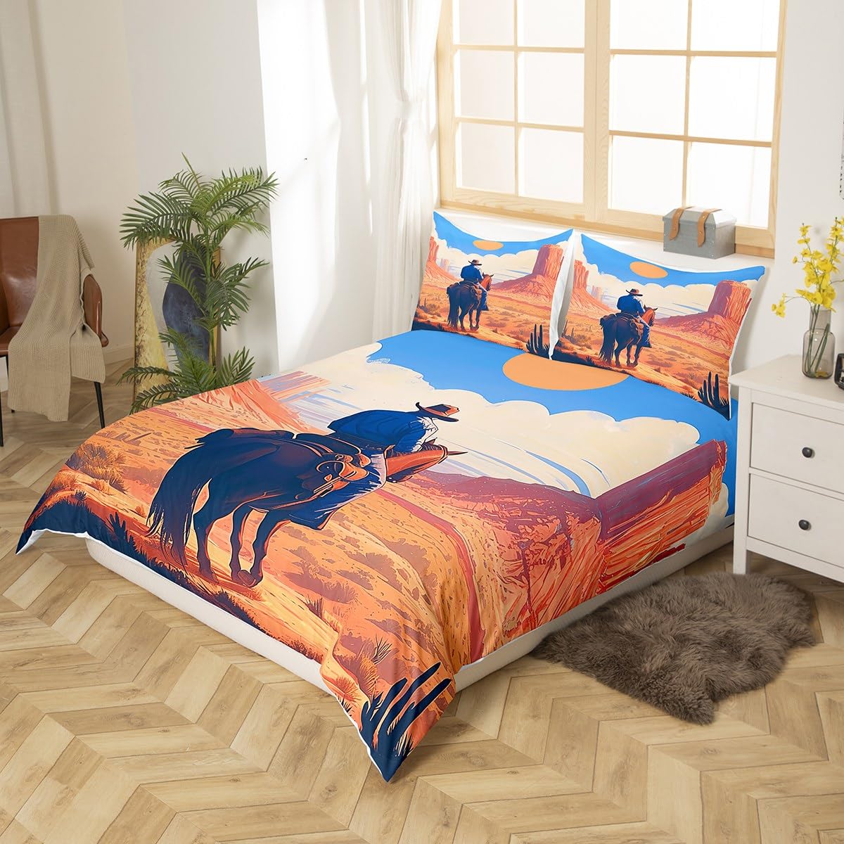 Western Cowboy Duvet Cover Set Queen Size Desert Cactus Plants Bedding Set 3pcs for Kids Teens Orange Sun Blue Sky Comforter Cover Southwest Farm Style Quilt Cover,2 Pillowcases(No Comforter)