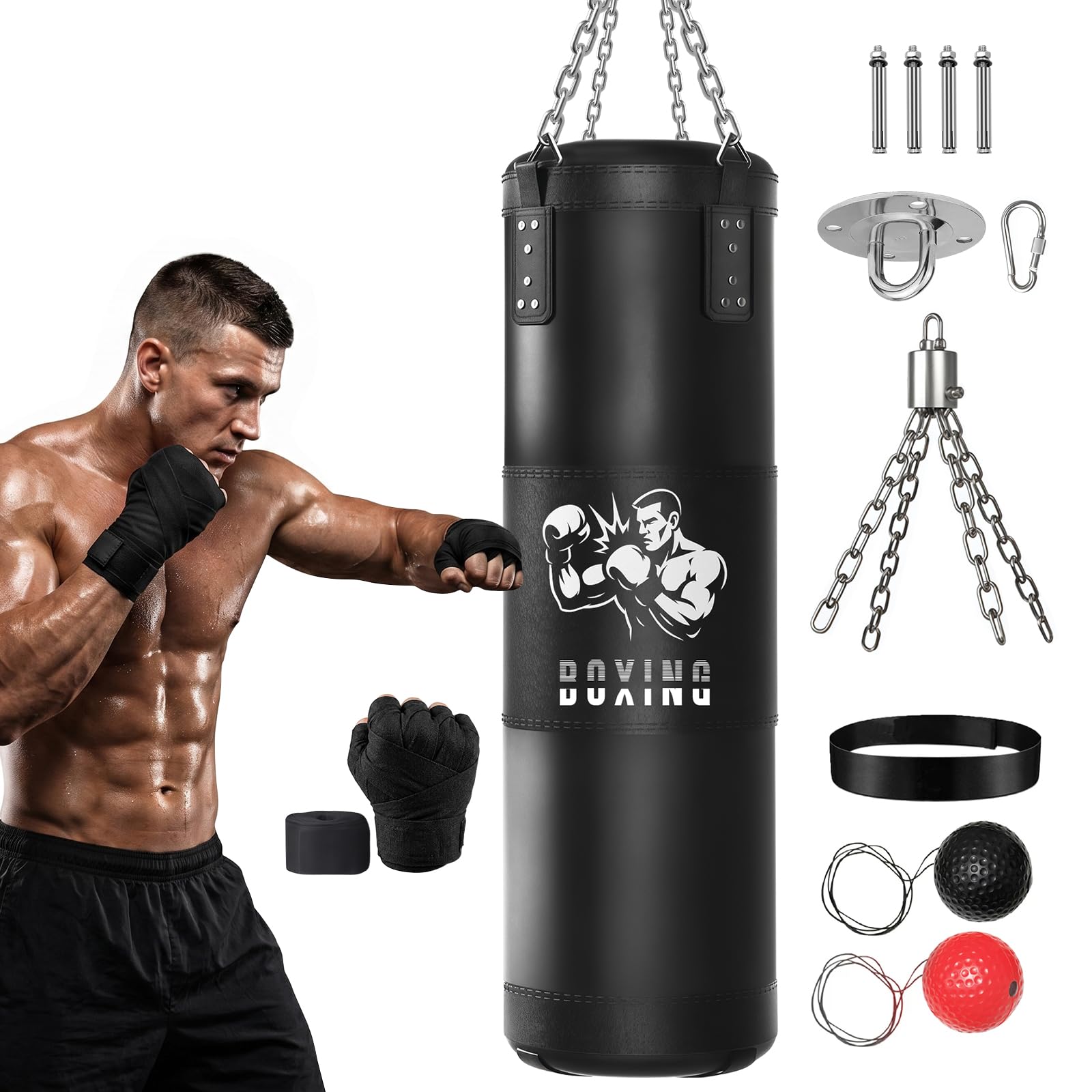 Sac de Frappe Adultes Ninonly 120CM Lourd Sac de Boxe avec Sac de Boxe Suspendu Non Rembourré,Ballon de réaction,Bandages pour Kickboxing MMA Muay Thai Karate Taekwondo(Non Rempli)