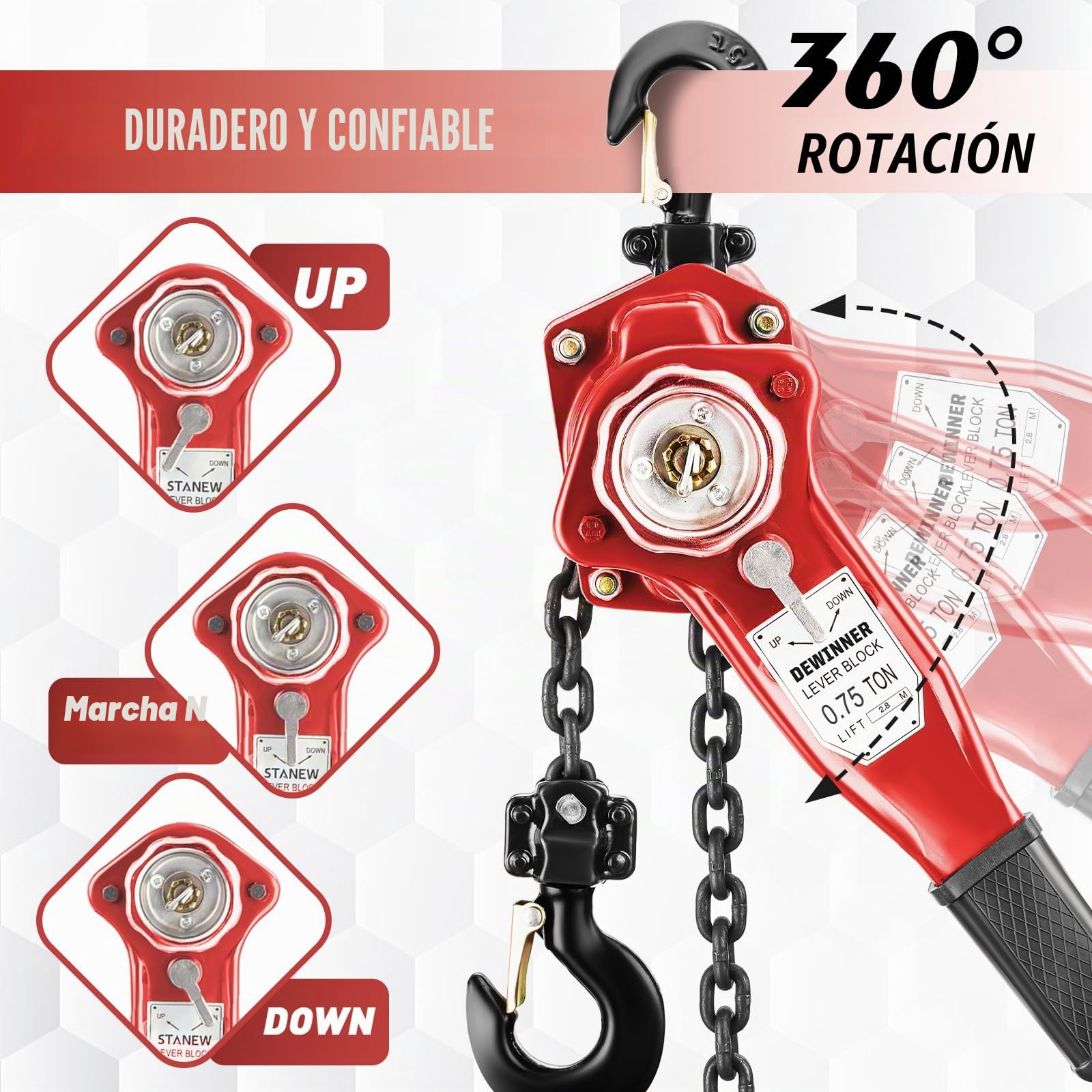 Polipasto manual de palanca de 0,75t DEWINNER, altura de elevación 2,8 m, cadena G80 de acero al carbono, gancho orientable a 360°