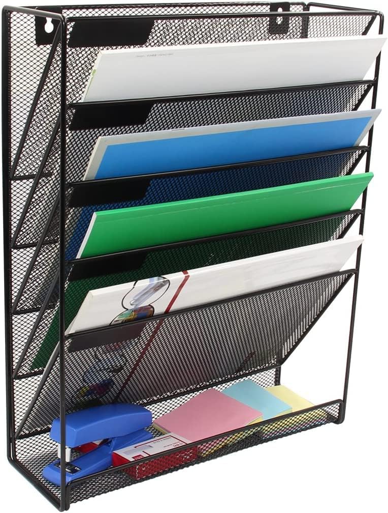 Nixby 5 Pocket Wall Mounted File Hanging Organizer Metal Mesh Office Home Folder Binder Holder Magazine Mail Rack + Hardware | 12.75 x 4.25 x 16 inches | Black
