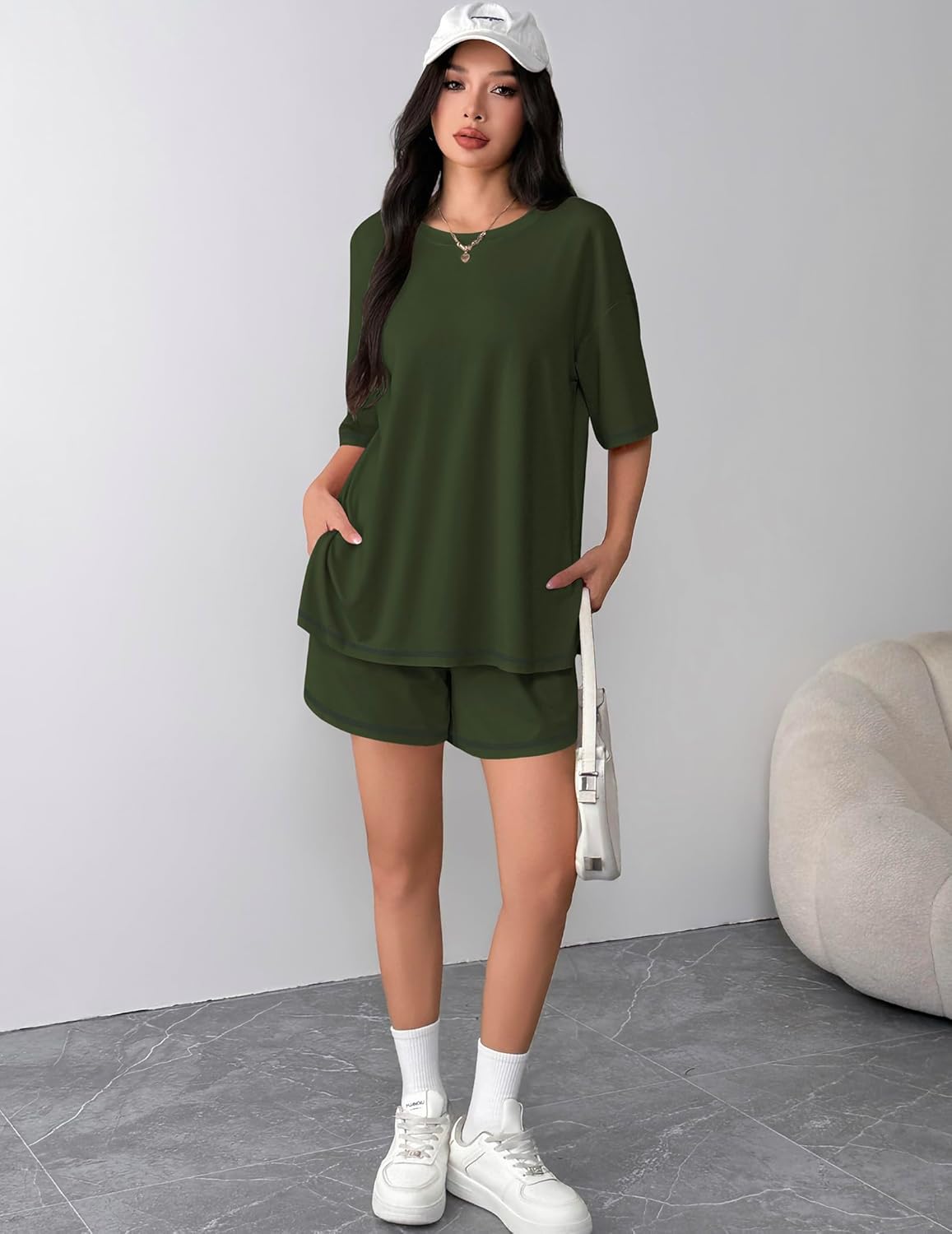 Ekouaer Lounge Sets for Women 2 Piece Shorts Sets Moisture Wicking Casual Summer Short Sleeve Matching Outfits with Pockets - Image 4