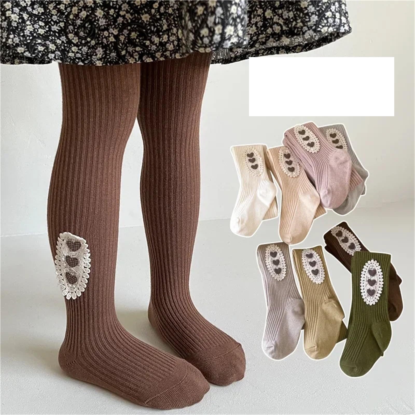 Girls Autumn Fashion Pantyhose – Cute Lace Stockings with Heart Pattern for Kids(Navy,S for 80-95CM)