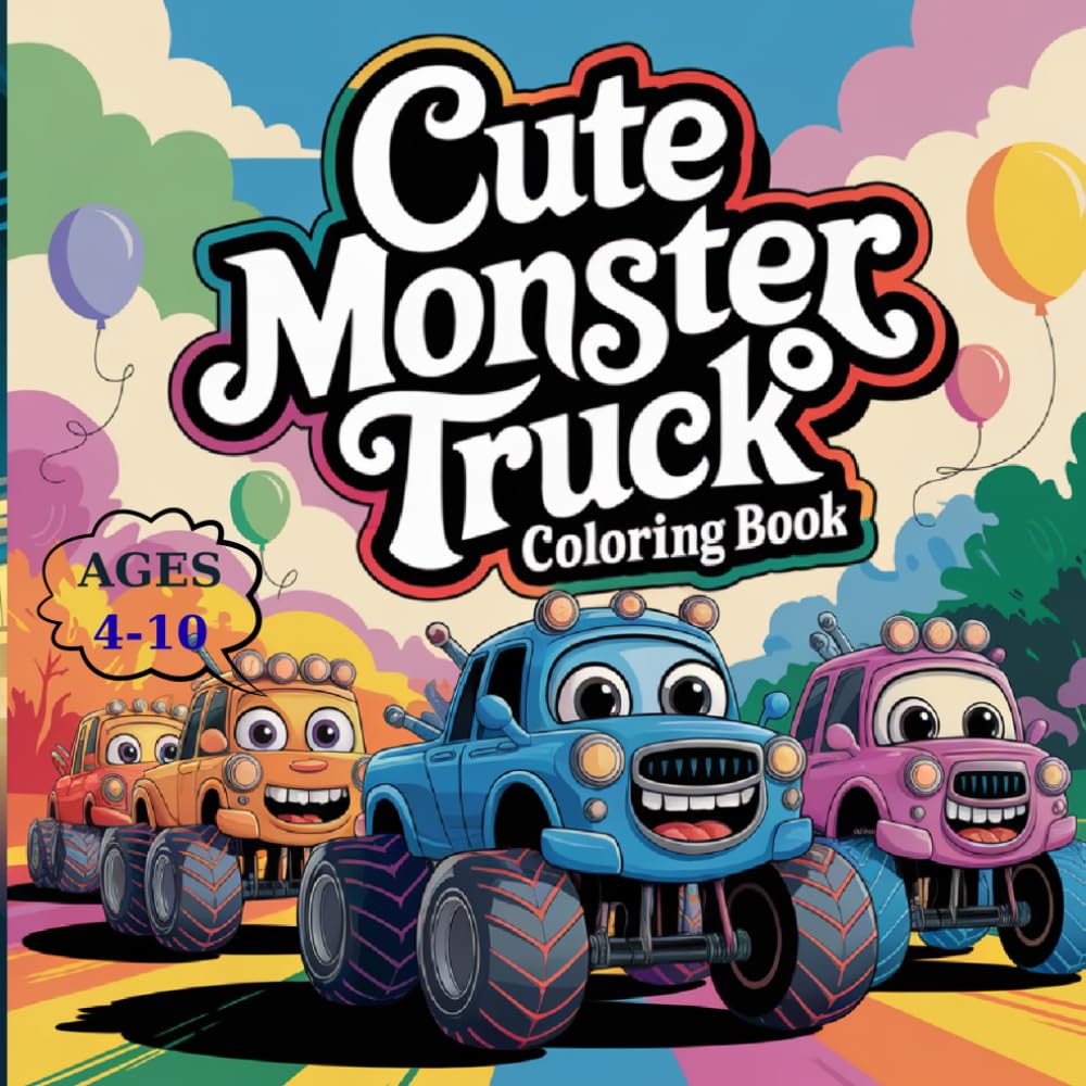 Cute Monster Truck Coloring Book: Happy Monster Trucks with Big Wheels, Smiling Faces and Fun Scenes | Easy Coloring Book for Kids Ages 4–10 | 50 Pages | 8.5 x 8.5 Inch