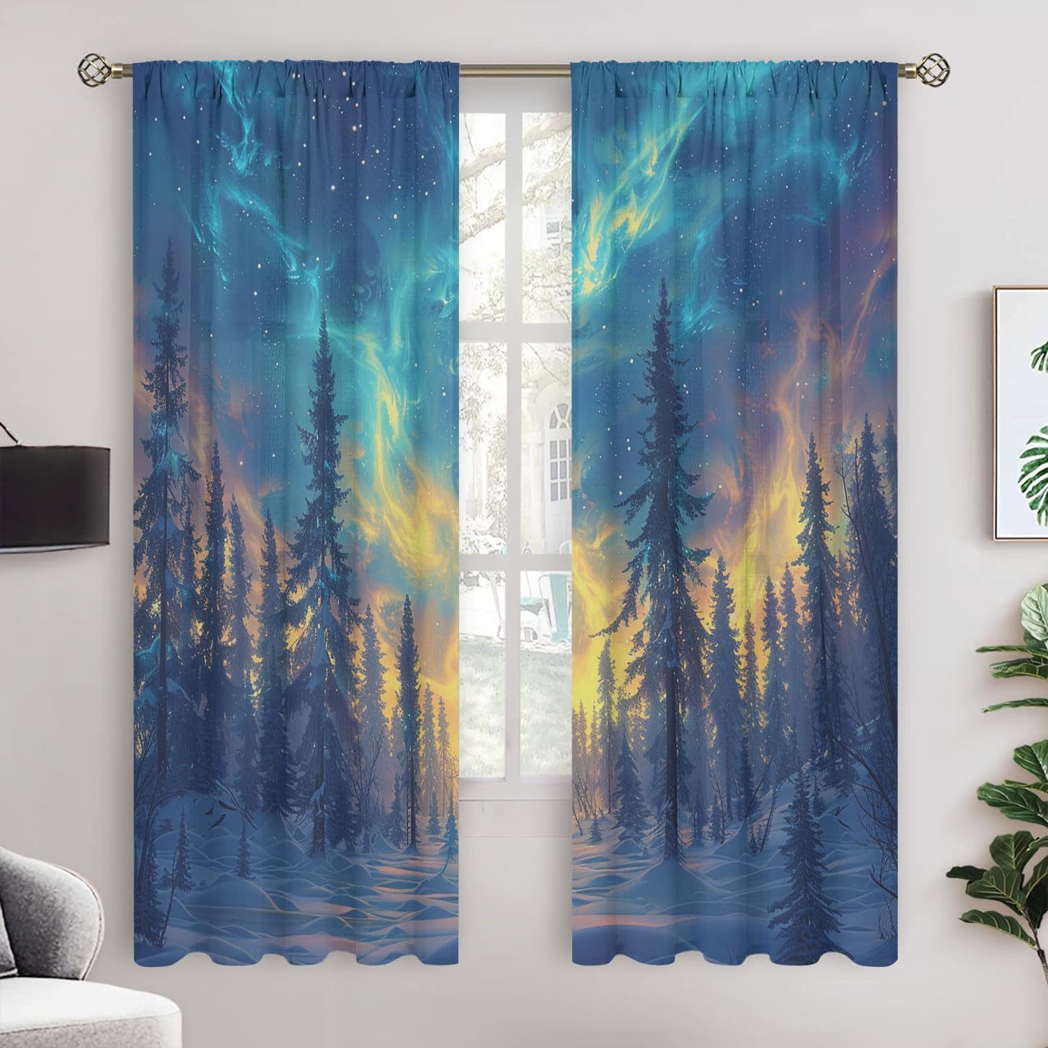Colorful Aurora Borealis Window Treatment Curtains Northern Light Forest Rod Pocket Window Curtain for Bedroom Living Room 63x72 Inch