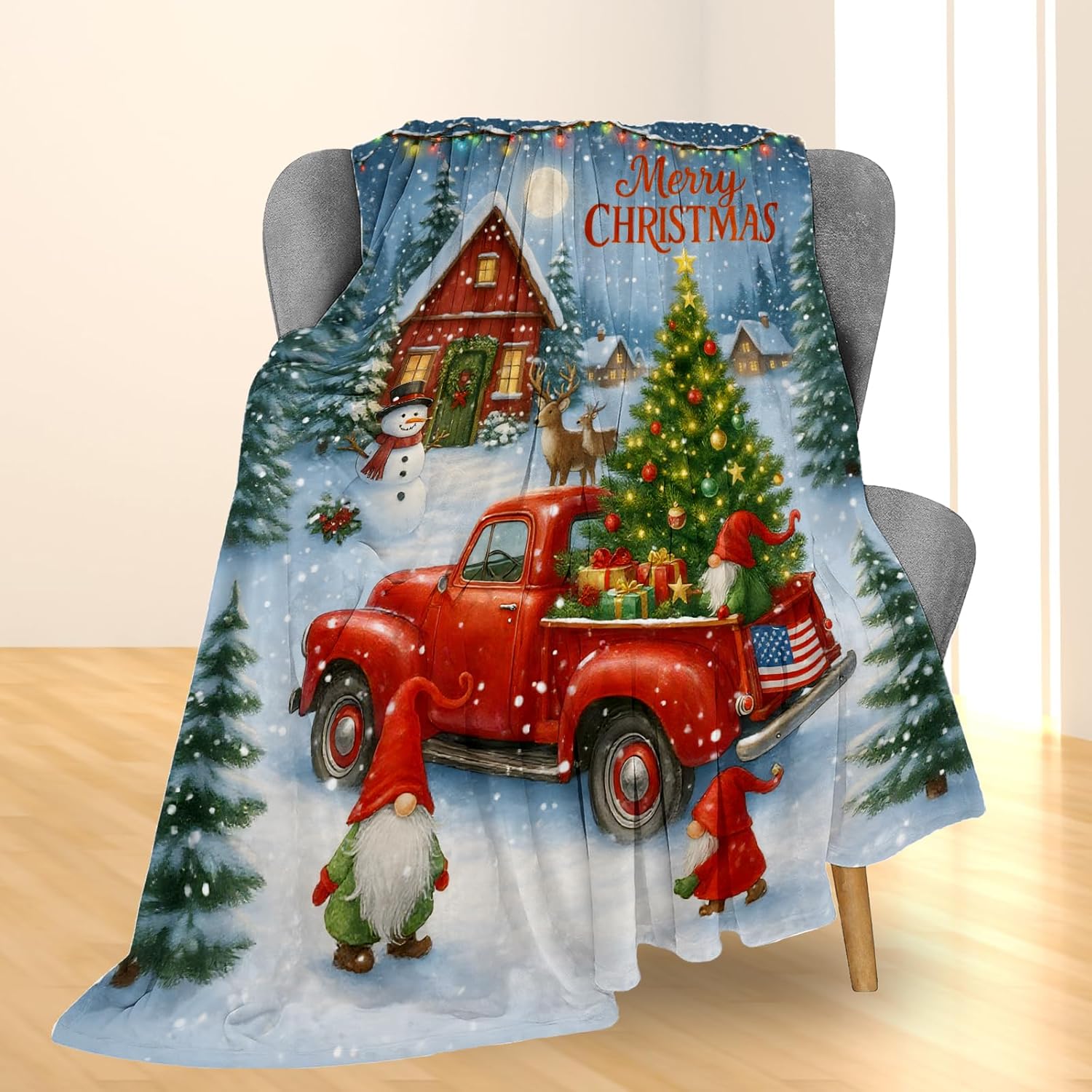 Christmas Tree Blanket, Soft Lightweight Flannel Red Truck Gnomes Snowy Cabin Throw Blanket for Couch, Bed, Travel & Home Decor Gifts, Cozy Warm Blankets for Women Kids Girls 50×40 in