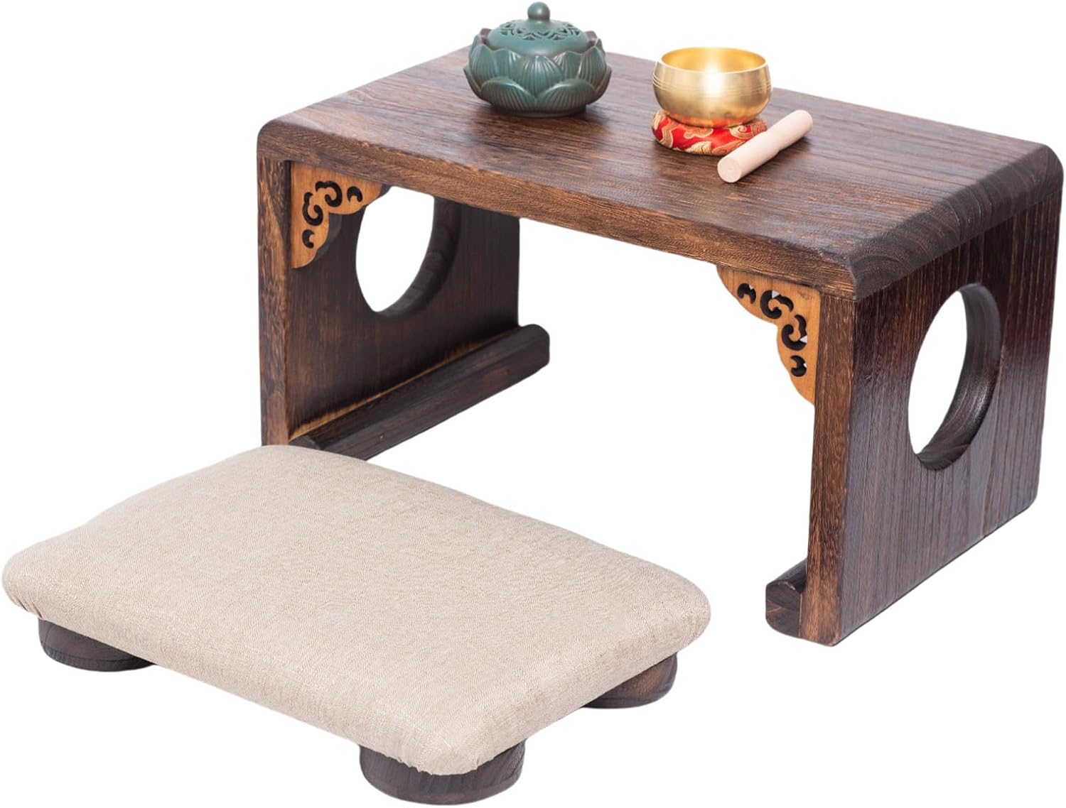 Meditation Table with Cushions - Set of 2, Small Floor Tables, Wood Small Low Japanese Altar Table, Coffee/Tea Table for Living Room