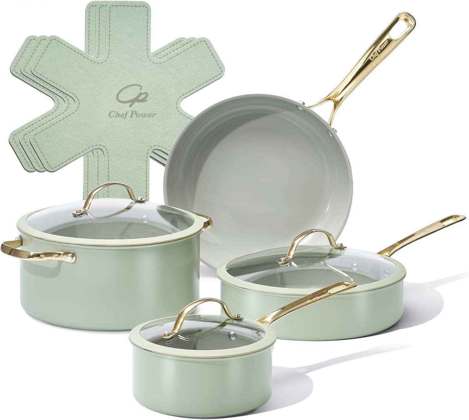 Chef Power Ceramic Cookware Sets, 10Pcs Pots and Pans Set Non Stick, Cookware Set with Stainless Steel Handle, Dishwasher & Oven Safe, Sage Green and Granite Grey Chef Power Ceramic Cookware Sets, 10Pcs Pots and Pans Set Non Stick, Cookware Set with Stainless Steel Handle, Dishwasher & Oven Safe, Sage Green and Granite Grey