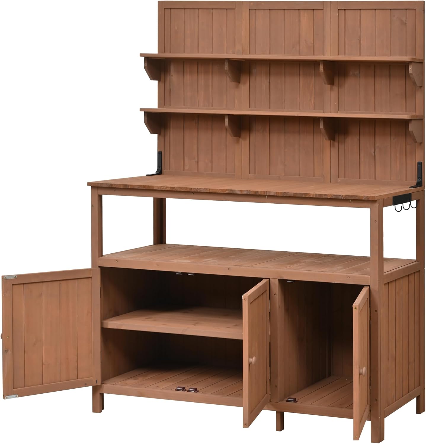 Merax Outdoor Potting Bench Table with Hutch, 50.2" Fir Wood Garden Workstation, Large Countertop, 2 Shelves, 2 Cabinets, 3 Side Hooks, Wooden Gardening Planting Table for Backyard, Patio, Natural