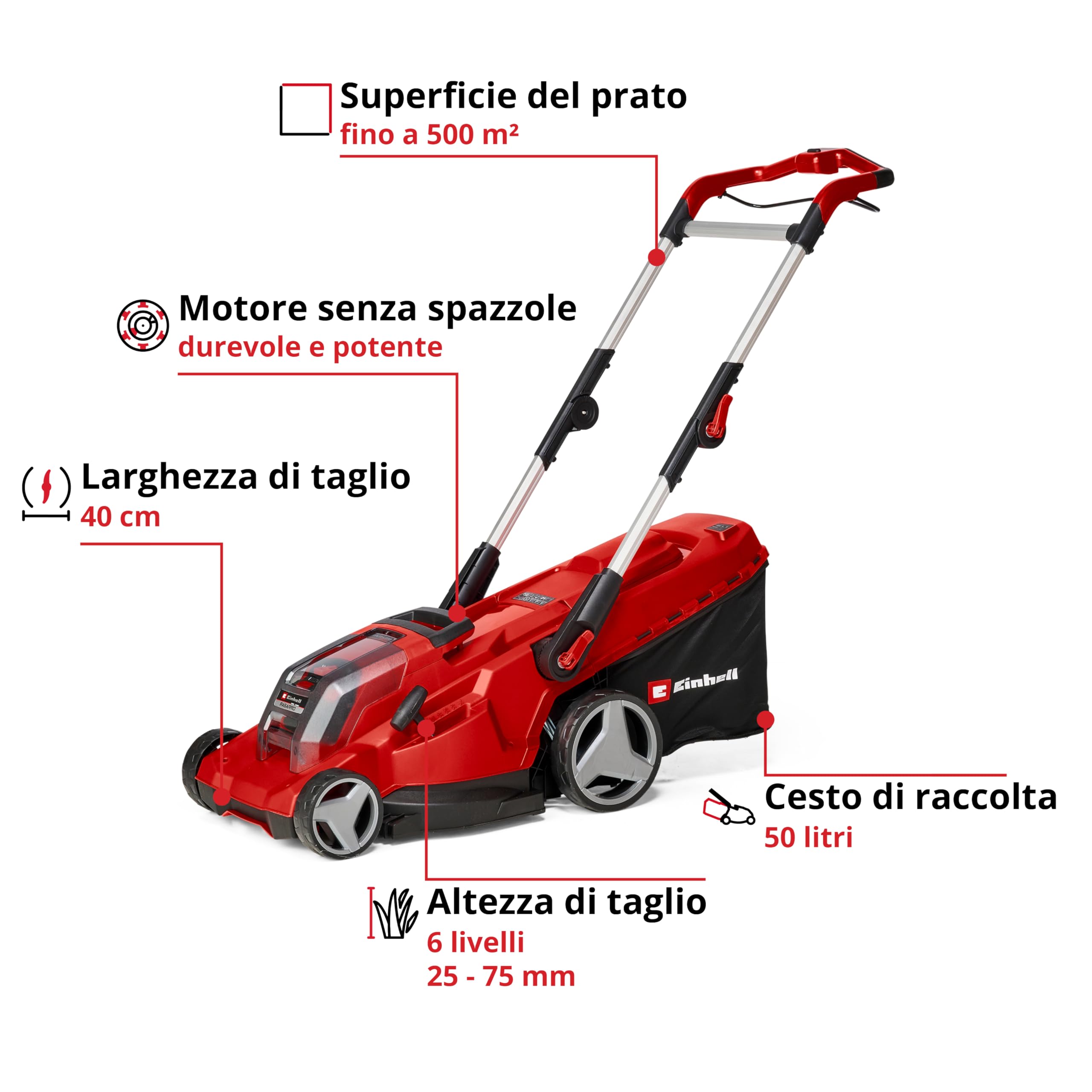Einhell Professional Tagliaerba a batteria RASARRO 36/40 Kit Power X-Change (36 V, largh. di taglio 40 cm, fino a 500 m², Brushless, 50 l, alt. di taglio 25-75 mm, incl. 2x4,0 Ah + 1x Twincharger)