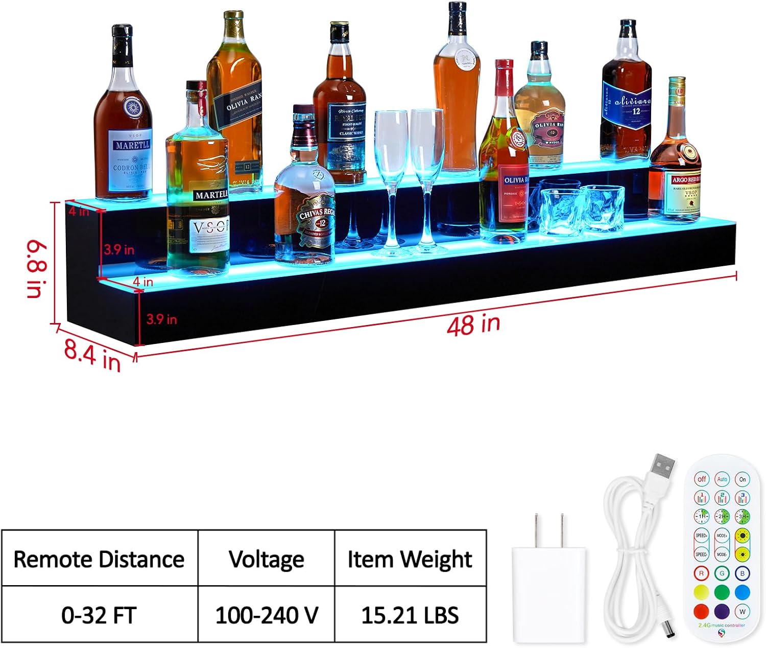 48 Inch Rectangular 2-Tier LED Lighted Liquor Bottle Display Shelf - Acrylic Wine Rack with Remote & App Control, 16 Static Colors, 1-8H Timer, USB Power, for Home Bar, Commercial Use