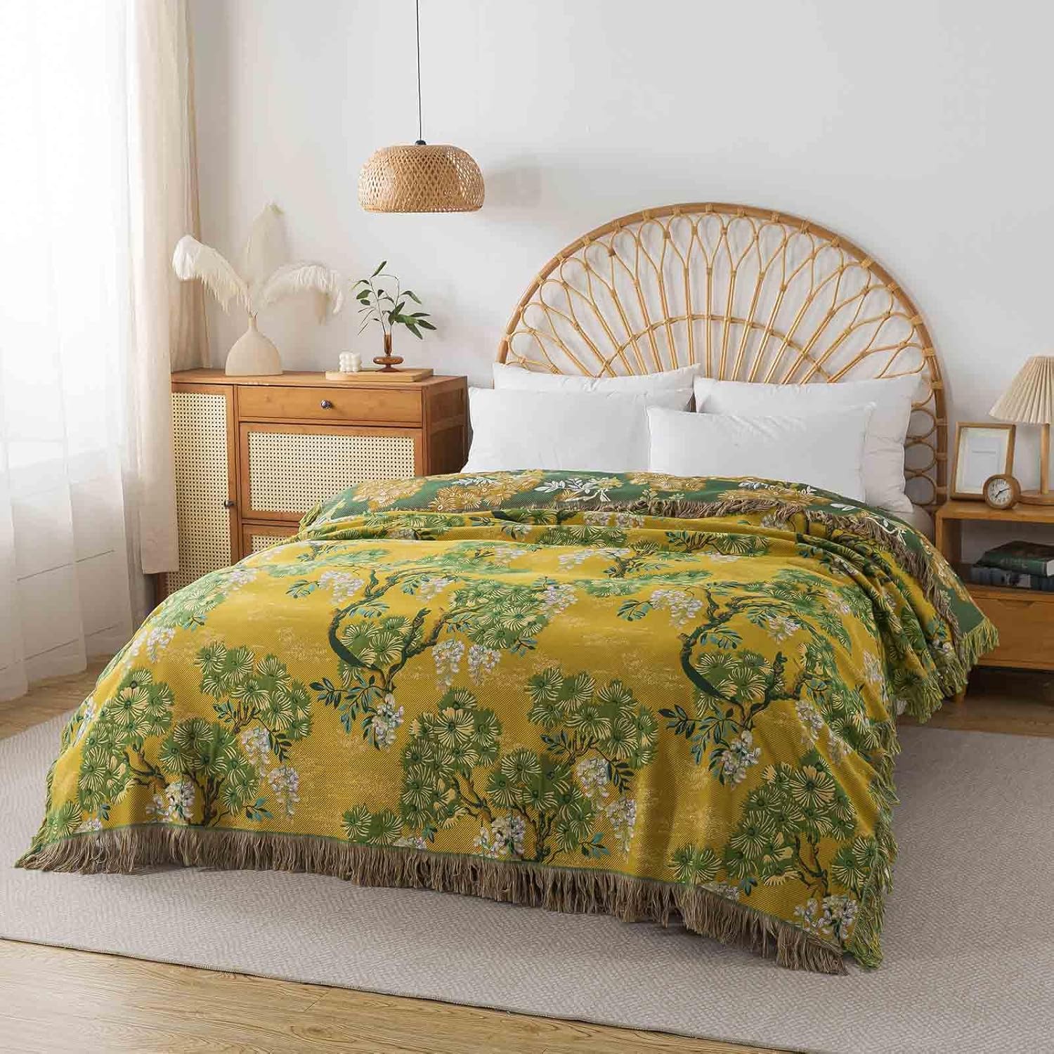 Qidordour Boho Throw Blanket, 60"x80" Muslin Blankets for Adult, 100% Organic Cotton Blanket for Couch Sofa, Lightweight Quilt with Tassel, All Season Bed Throw, Farmhouse Home Decor, A-Sophora Flower - Image 8