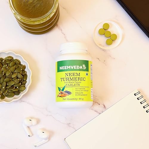 Miniatura 4 de Cúrcuma Neem con pimienta negra, 180 tabletas, hechas con polvo de raíz de cúrcuma pura y polvo de hoja de neem, tableta de desintoxicación