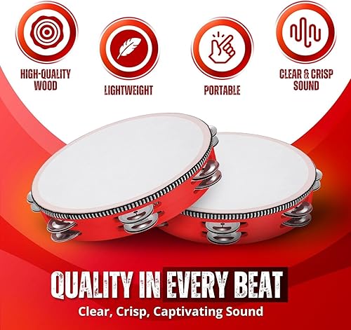 Miniatura 3 de Flexzion Pandereta de mano de madera para niños, juego de 2 unidades de 8 y 6 pulgadas, doble fila, 12 pares de jingles de metal, tambor de