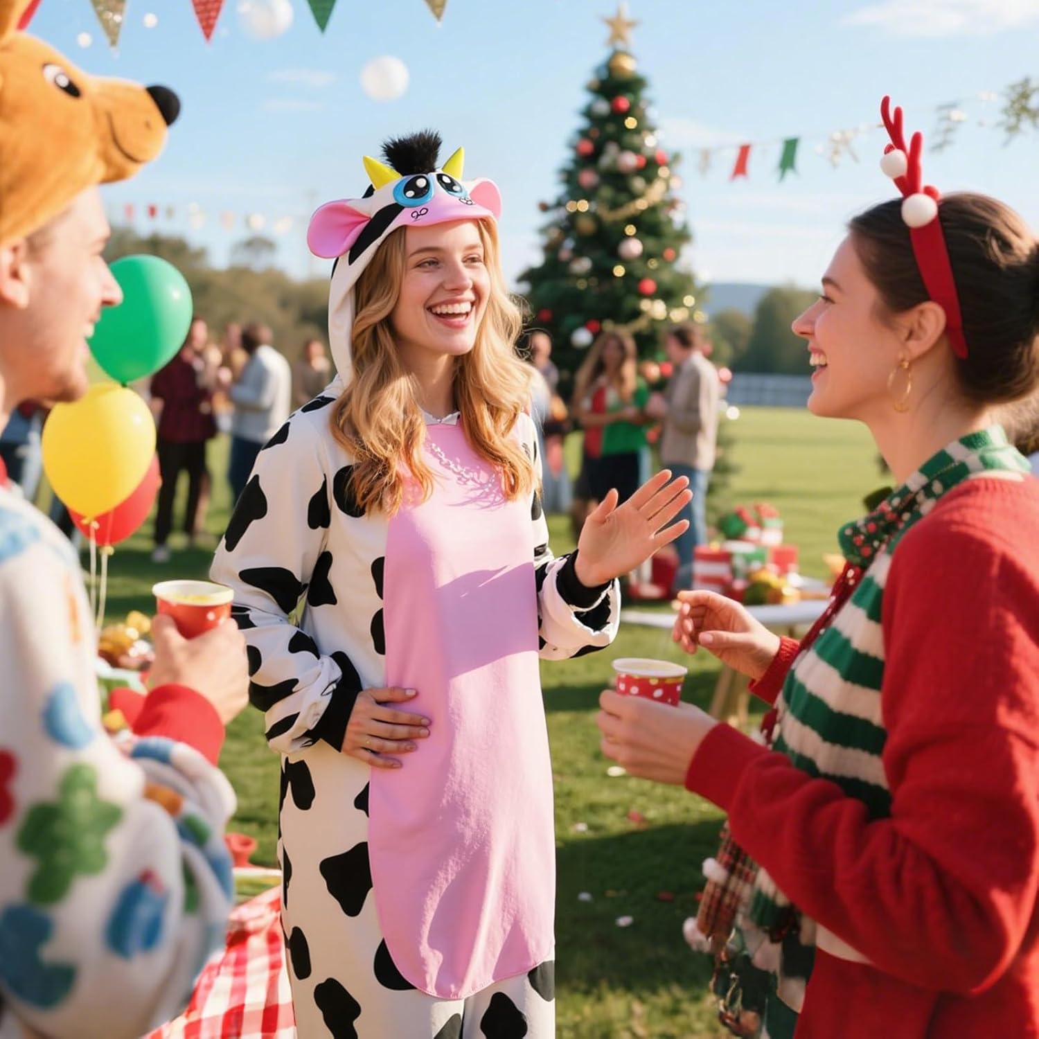 Animal Hoodie with Ears Costume Dress for Women Plush Fitted Christmas Cosplay Outfit with Hood, Tail - Image 2