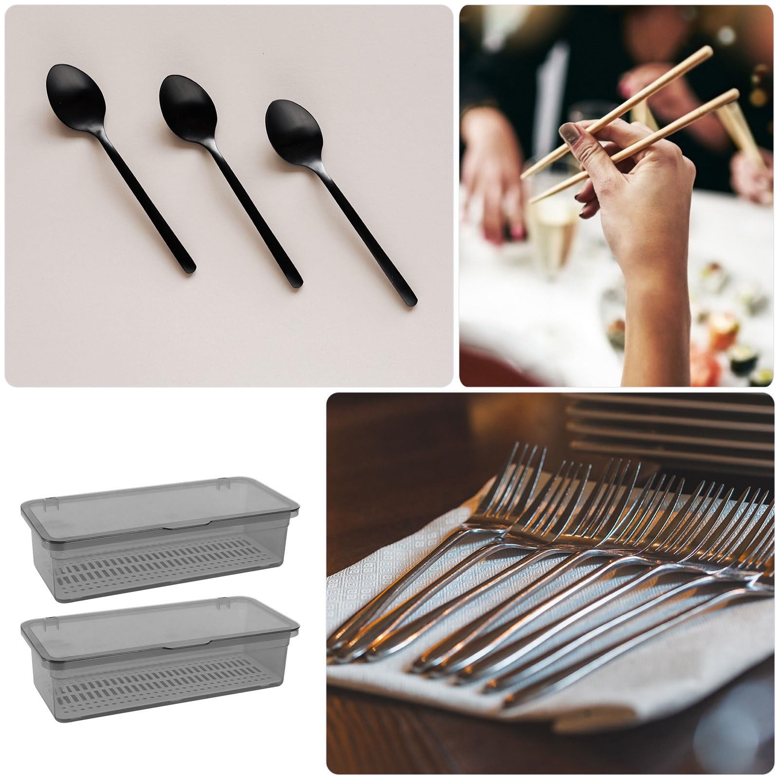 Portaposate da Cucina 2 Pezzi con Coperchio in Pp, Contenitore Rettangolare per Cucchiai e Forchette, Organizer per Cassetto, Capienza Grande e Facile da Pulire