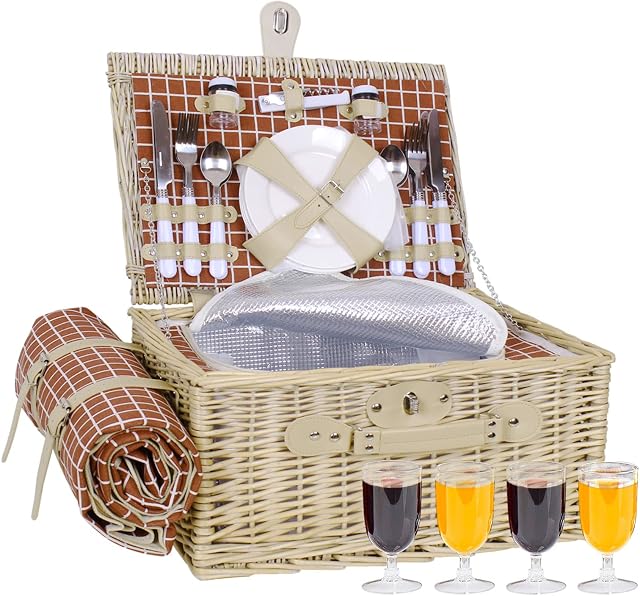 Picnic Basket for 4 Wicker Picnic Set with Large Insulated Cooler Compartment & Waterproof Blanket & Cutlery Service Kit Retro Classic Willow Picnic Hamper Set for Camping Outdoor Party
