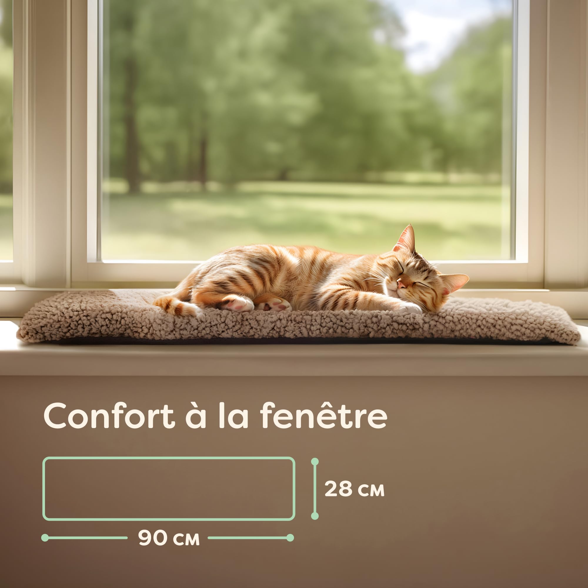 Knupis Coussin de Fenetre pour Chat - Tapis de Lit pour Chats Auto-Chauffante sans Électricité 90x28cm - Douce & Réduction du Brui - Housse Lavable - avec Dessous Non-Glissant (Marron)