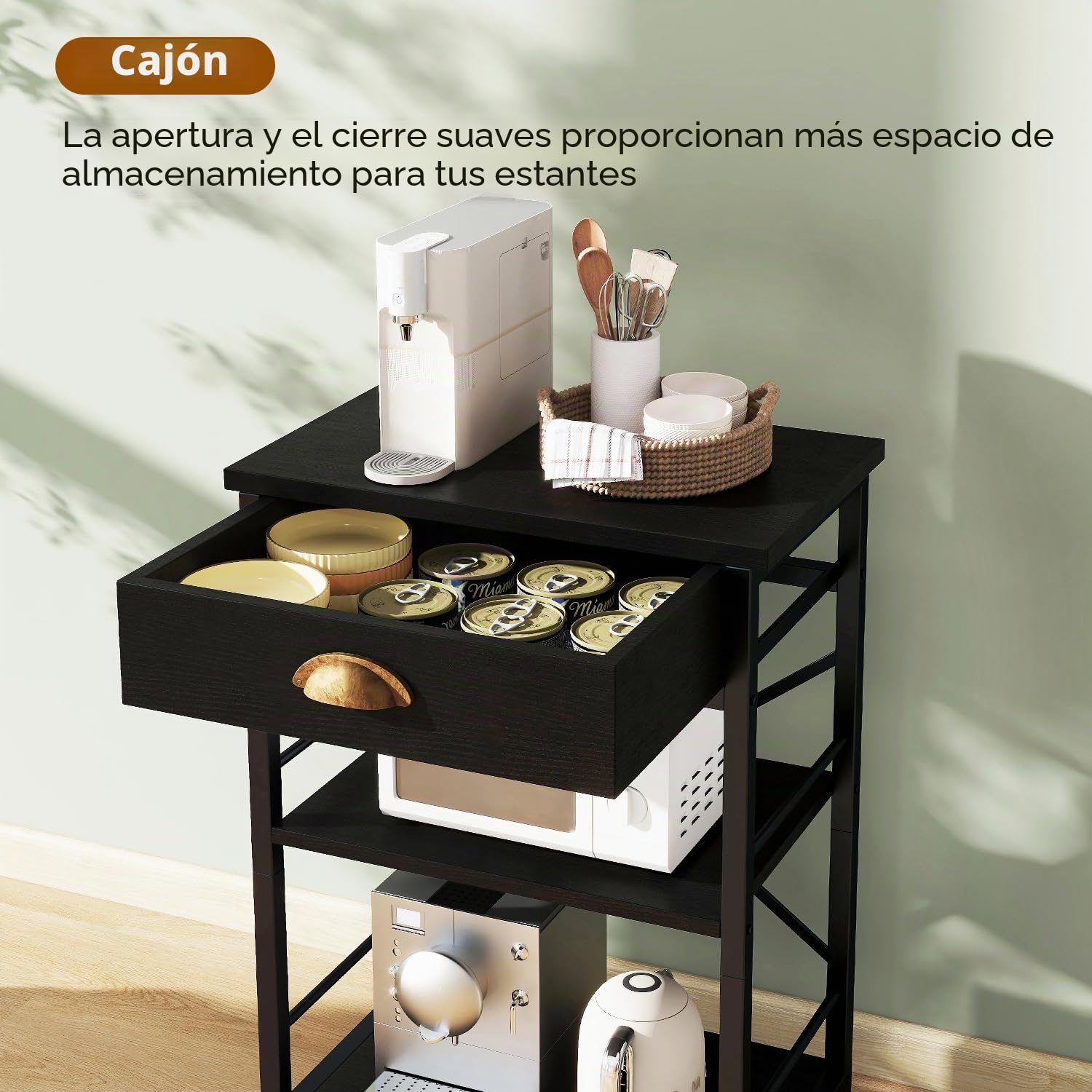IBUYKE - Estante de cocina para panadería con cajones, soporte para horno de microondas de 3 niveles con almacenamiento, mesa de barra de café con ruedas, estante ajustable, montaje simple, negro