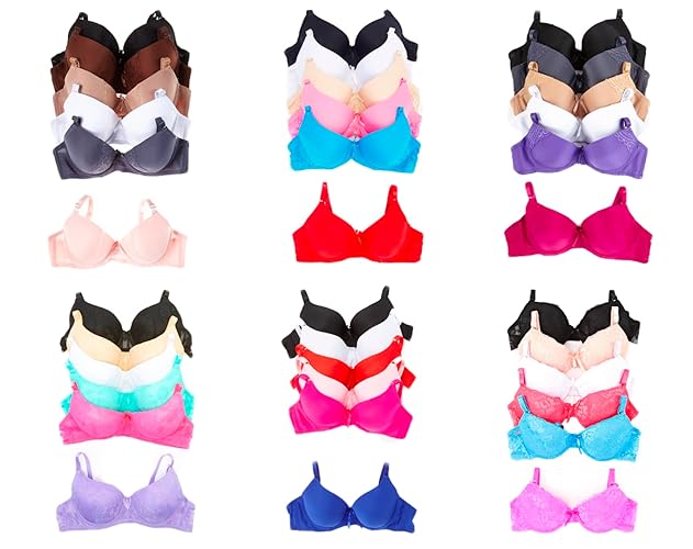 247 Frenzy Women's Essentials Mystery Pack of 6 Assorted Mamia or Sofra Everyday Bras Sizes 30A Thru 46DDD - Regular & Plus - 38D - Multicolor