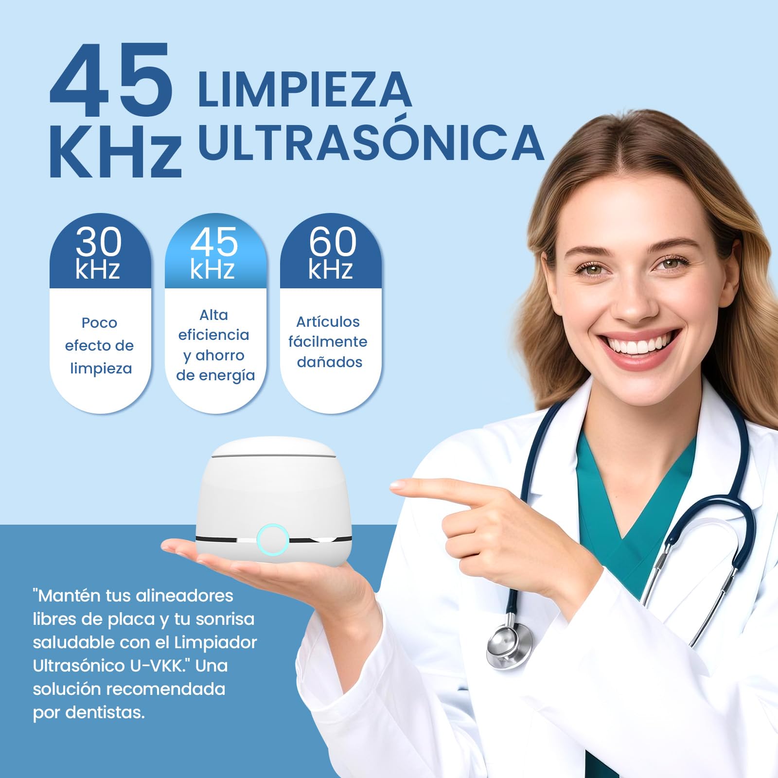 Limpiador Ultrasonidos, U-VKK 45000Hz limpiador ultrasonidos dental, 2 modos, adecuado para Alineadores, Retenedores, Aparatos de Ortodoncia y joyería, etc