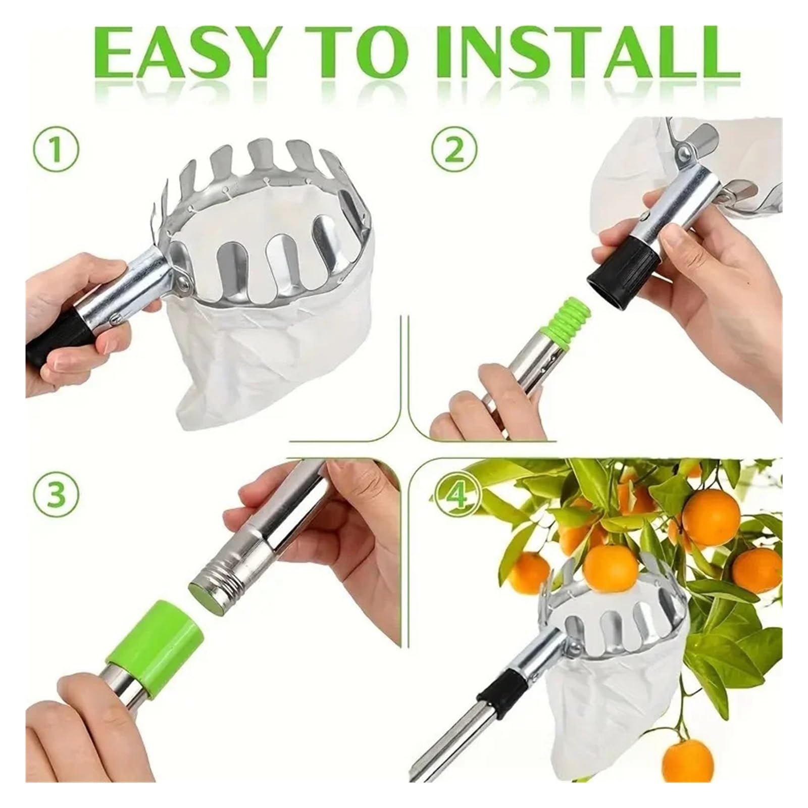 Recogedor De Frutas Recolector de frutas con varilla de empalme de acero inoxidable - Pértiga telescópica de 3,2/3,6/4 m for árboles altos, huertos, granjas y jardines(3.6m)