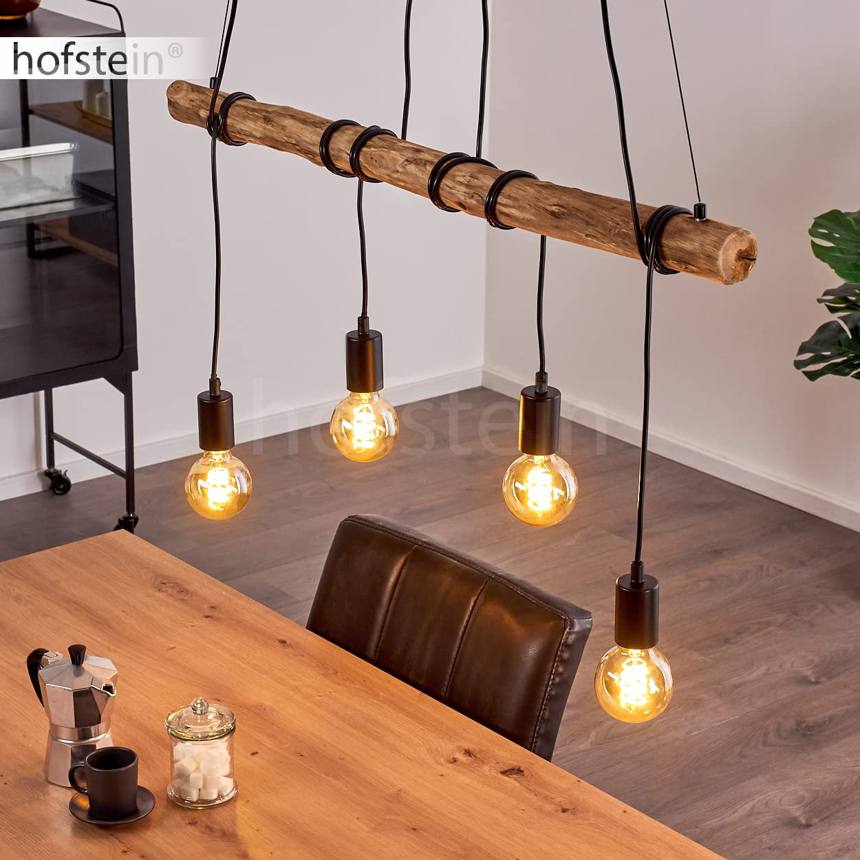 HOFSTEIN Pendelleuchte Tirana, moderne Hängeleuchte aus Metall/Holz in Schwarz/Natur, verstellbare Pendellampe im skandinavischen Design mit Holzstab, Höhe max. 174 cm, 4-flammig, 4 x E27