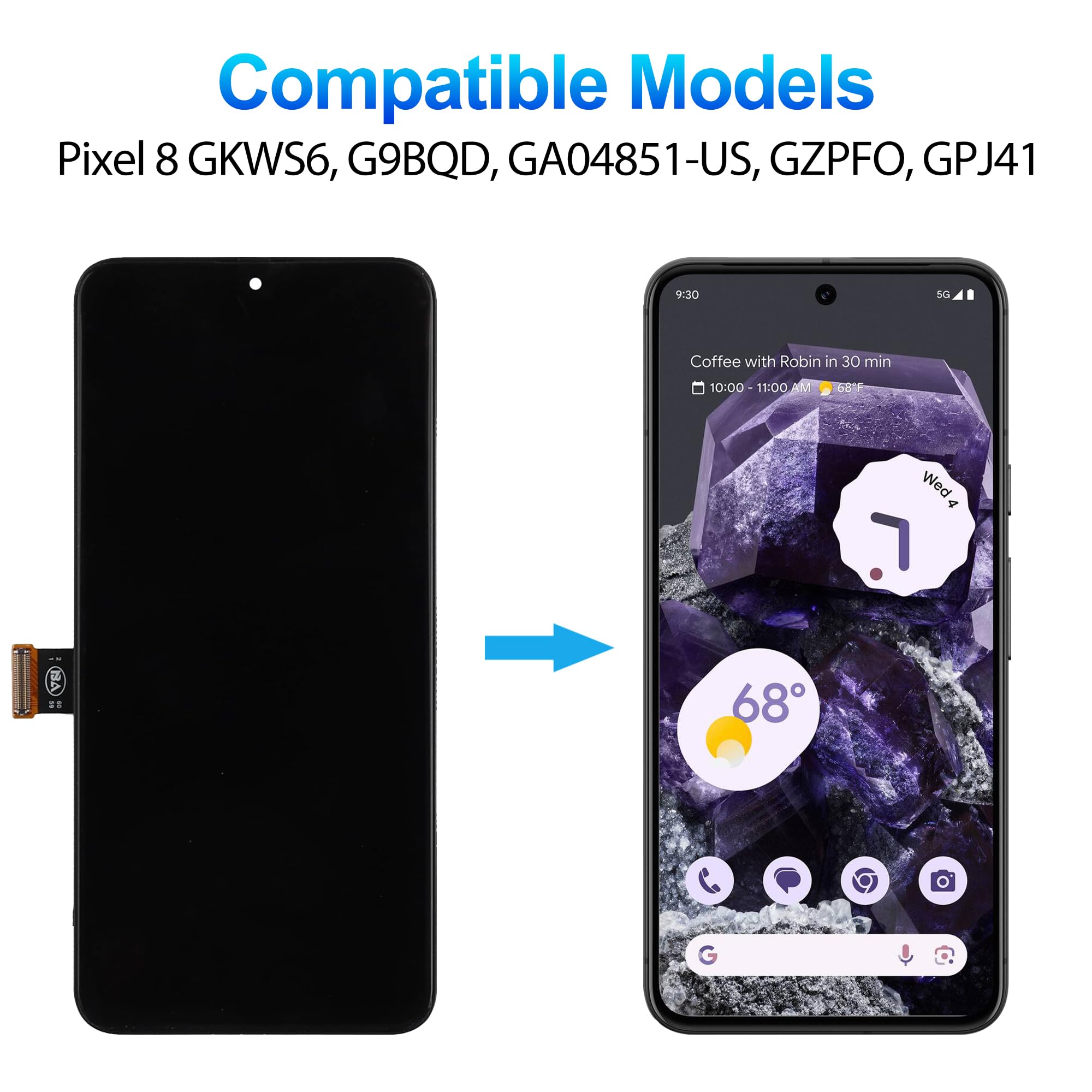 Duotipa Nowy wyświetlacz TFT 6,2" kompatybilny z Google Pixel 8 GKWS6, G9BQD, GA04851-US, GZPFO, GPJ41 LCD wyświetlacz dotykowy Digitizer Assembly z zestawem narzędzi naprawczych