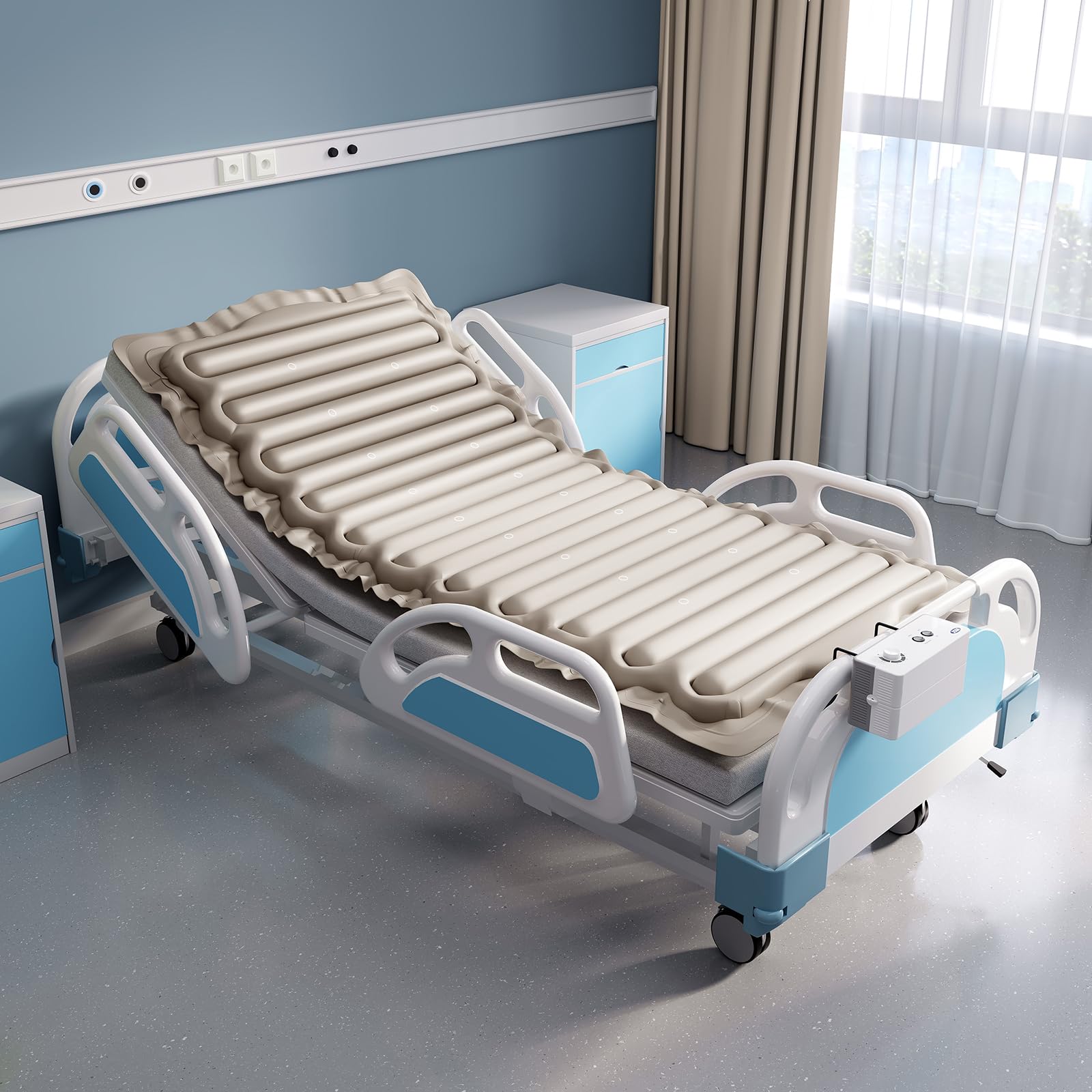 Alternating Air Pressure Mattress Pad, Bed Sore Prevention Solution Mattress Topper with 6-Setting Pump, Waterproof Pressure Ulcer Cushion Pad for Hospital Beds and Home (S12VA, Beige)