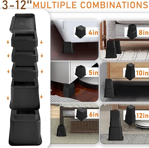 Miniatura 10 de 20 elevadores de cama ajustables de 10 pulgadas, resistentes, elevadores de muebles en alturas de 1, 2, 3, 4, 5, 6, 7, 8, 9, 10 pulgadas para sofá,