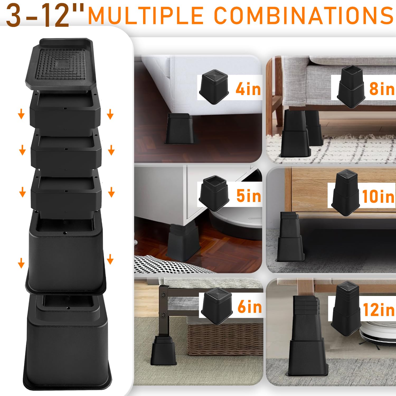 shouwuhho Elevadores de cama de 12 pulgadas, resistentes, de gran tamaño, soportan hasta 6 libras para sofá, mesa, sofá, silla, marco de patas para dormitorio (paquete de 4, negro, 12 pulgadas)