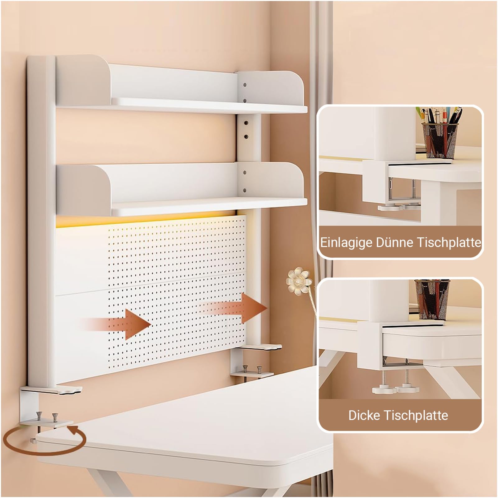 Klemmbare Schreibtisch Regal with Pegboard, Weiß 2-Ebenen Büro-Computertisch Zubehör Organizer Desk Shelf Aufbewahrungsregal, für Büro, Gaming, Zuhause(60cm)