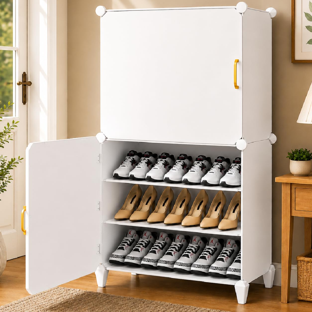 EXVITO Plastic Shoe Rack for Home with Door, 6-Door Shoe Storage Cabinet | 6-Shelfs for 18 Pairs | Waterproof & Portable DIY Shoe Slipper & Chappal Stand for Entryway/Bedroom - - HG_White