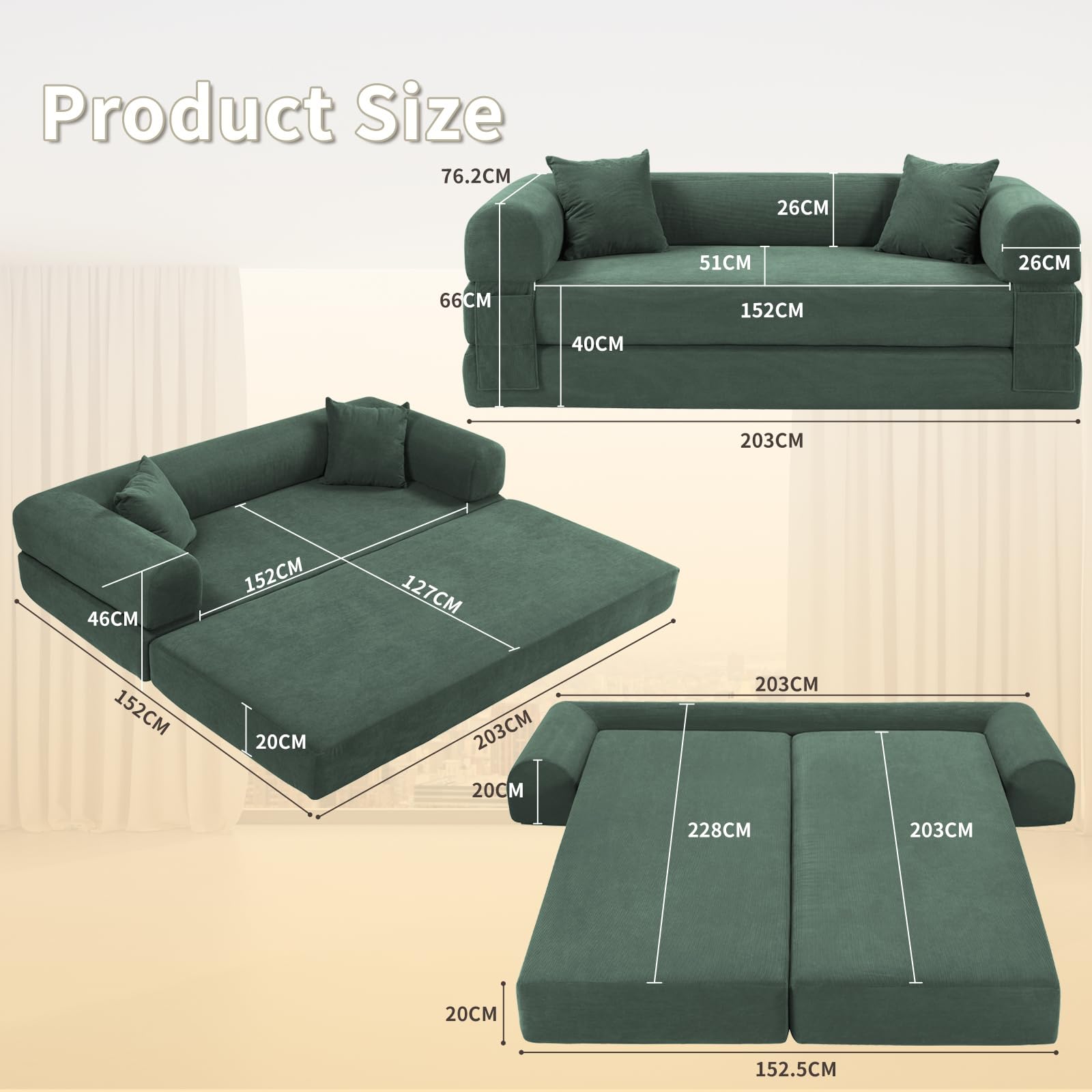 Cabrio Schlafsofa, Cord-Klappcouch mit Zylinderkissen, einfacher Transport, Bodensofa-in-a-Box, tiefer Sitz, Slish Green Wohnzimmerfell, kein Aufblasen erforderlich