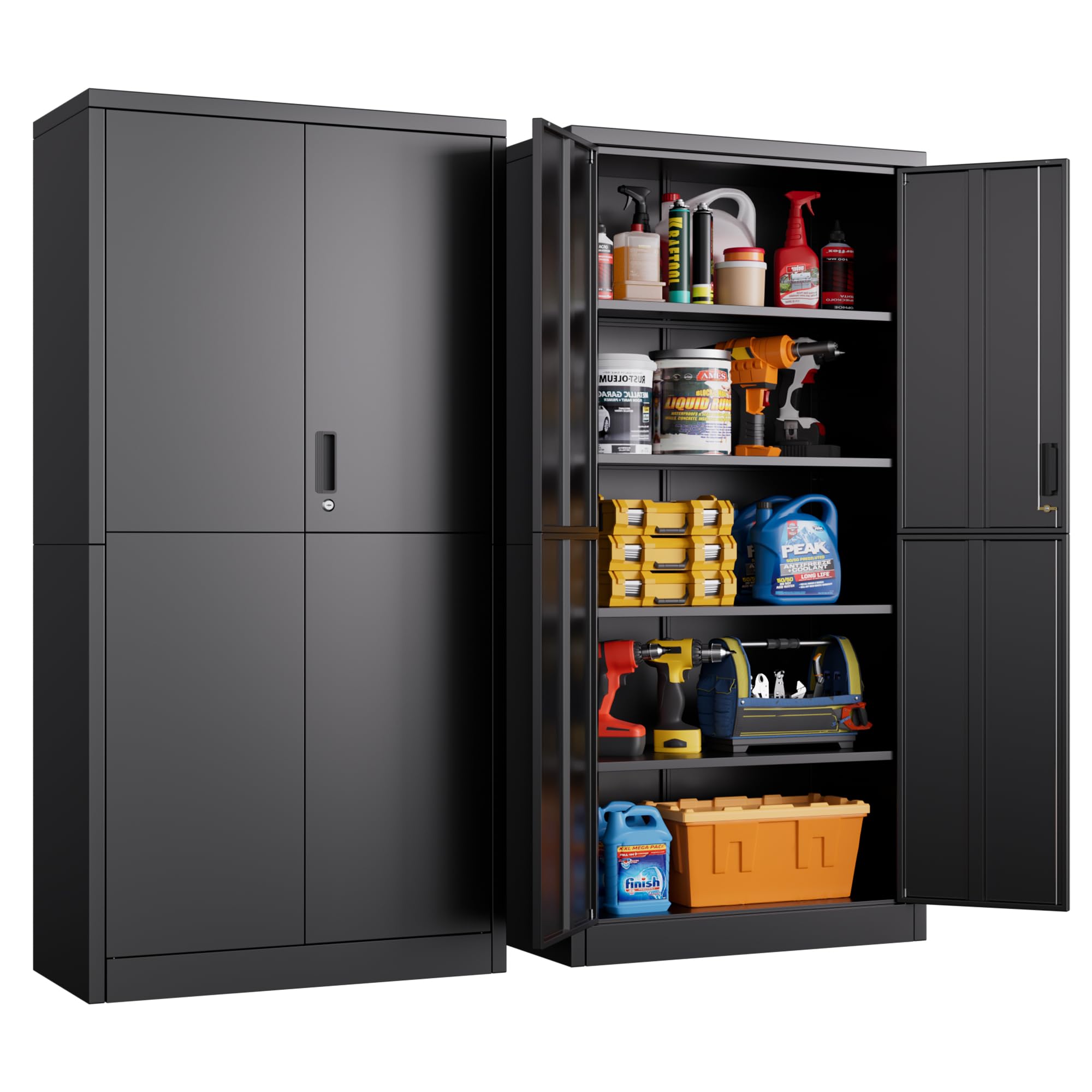 Armoire de rangement multi-usages en acier - Armoire de rangement verrouillable avec 2 portes - 180 x 80 x 40 cm - Armoire à outils - Étagères réglables - Pour garage, bureau, salon - Noir