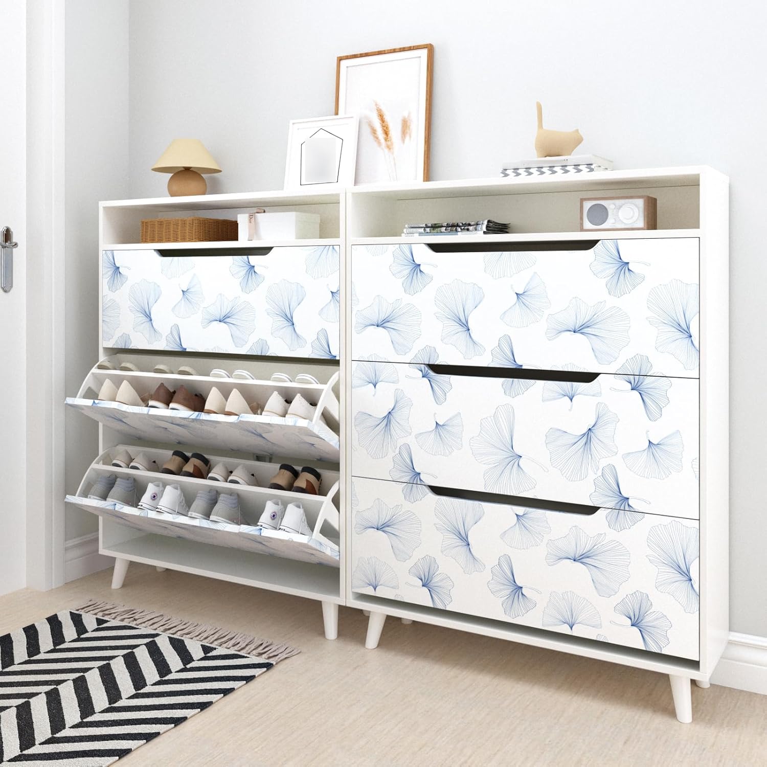 Boho Blue Peel and Stick Wallpaper Nature Blue Ginkgo Leaves Stick on Wallpaper White Contact Paper Self Adhesive Removable Western Floral Wall Paper for Bedroom Bathroom Table 17.5"x102"