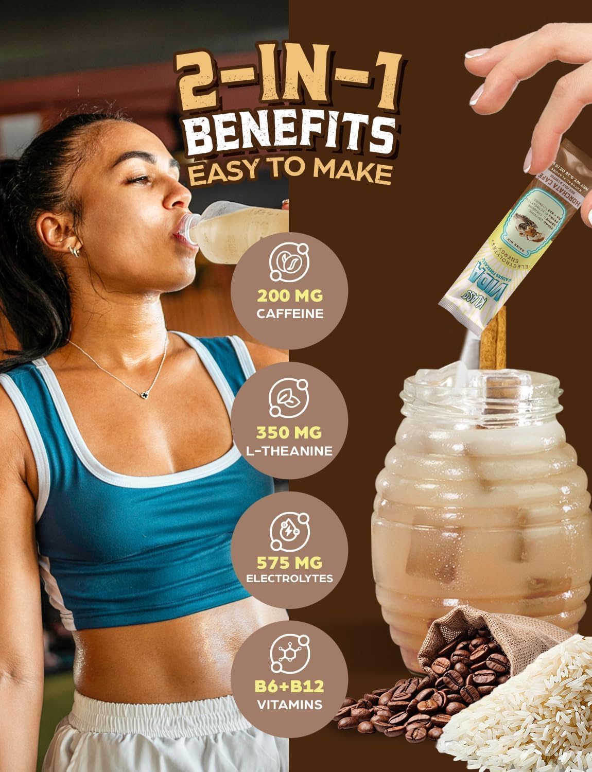 Hydration + Energy Electrolyte Drink Mix – Coffee Horchata Agua Fresca Flavor | Sugar-Free Powder with Caffeine, L-Theanine, Coconut Water & Minerals | 15 Single-Serve Stick Packs