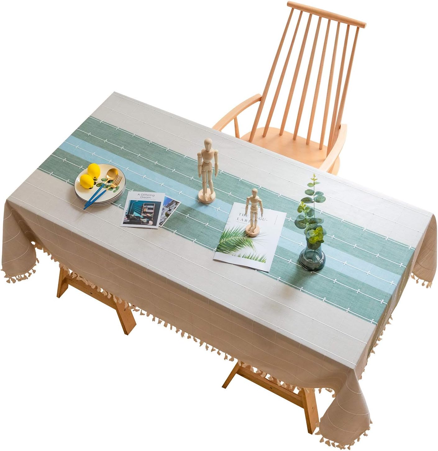 Trendy Moon Tablecloth, Rectangle Table Cloth Cotton Linen Wrinkle Free Anti-Fading Embroidery Checkered Tablecloths Dust-Proof for Kitchen Dining Party (55x120 Inch, Blue-Green Plaid)