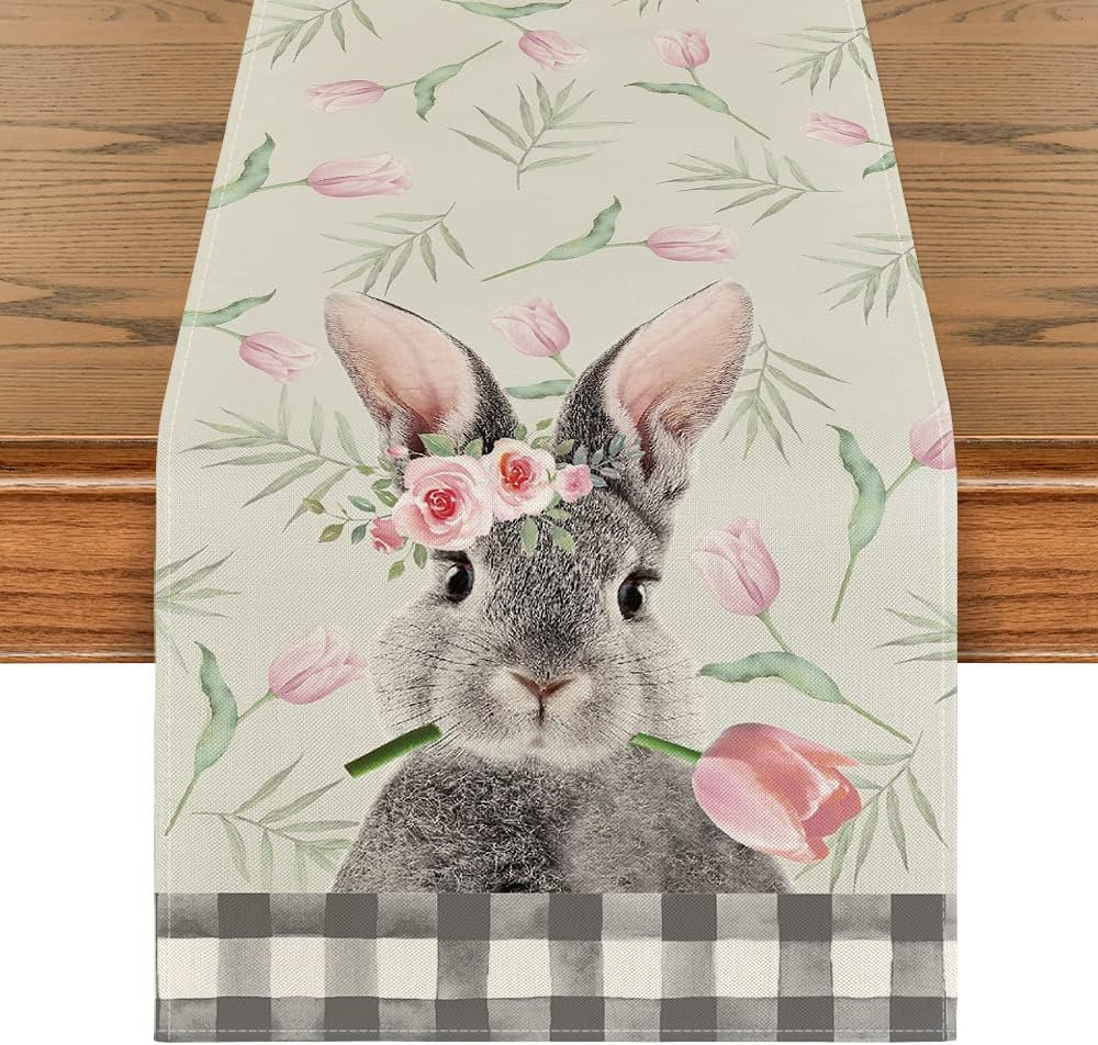 Artoid Mode Easter Table Runner - Bunny Rabbit & Plaid, 13x60 Inch, Spring Table Decor