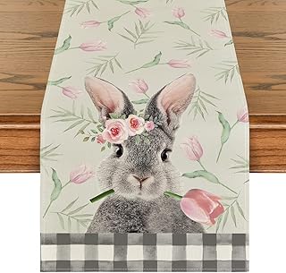 Artoid Mode Bunny Rabbit Tulip Flowers Easter Table Runner, Seasonal Spring Kitchen Dining Table Decoration for Home Party Decor 13x72 Inch