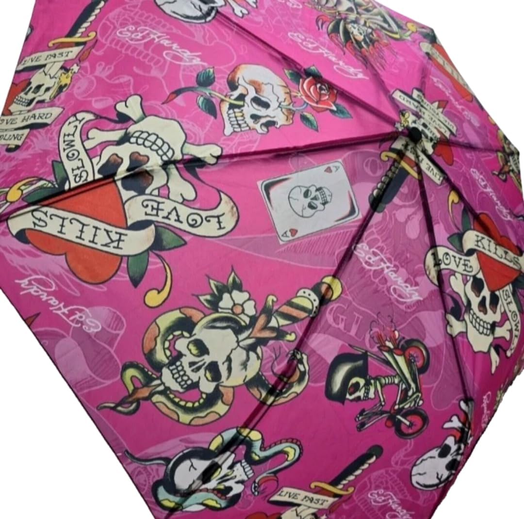 ED HARDY Tattoo Love Kills Slowly Hot Pink Auto Open Close Compact Umbrella