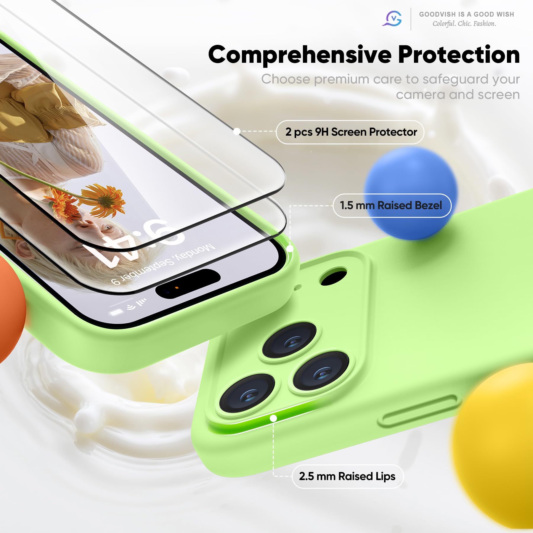 GOODVISH Silicone Cover per iPhone 17 Pro 6.3", Custodia con 2x Vetro Temperato [Pulsante Controllo Fotocamera] 360° Protezione Anticaduta Case per Cellulare Antiurto Resistente, Verde Primavera